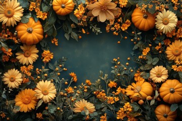 Fototapeta premium Colorful mini pumpkins and flowers decorations. Autumn composition frame. Free copy space