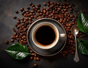 Naklejka premium Cup of coffee on a table surrounded by coffee beans 