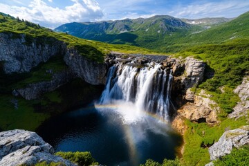 Obraz premium Majestic waterfall with rainbow mist forming at its base, the summer sun catching the water droplets
