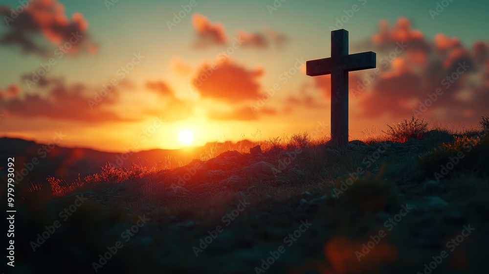 Wall mural A cross silhouetted on a hill at sunset, evoking profound symbolism of sacrifice and redemption in Christianity.