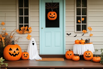 Spooky Welcome: A charming house dressed for Halloween, featuring a friendly ghost, grinning pumpkins, and a teal door, inviting trick-or-treaters into the spooky spirit. 