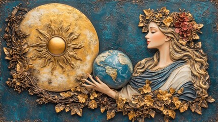 Brigvosk goddess holding sun, earth, moon in 5D retro style
