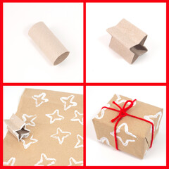 Stars made from folded toilet paper rolls, DIY activity for kids, showing how to create original wrapping paper. Craft project using eco-friendly materials, creative stamping technique.