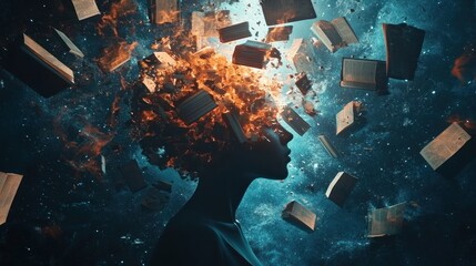 Naklejka premium Books float into a human silhouette's head in a dreamlike, abstract space with bright lighting enhancing the surreal and imaginative visualization.