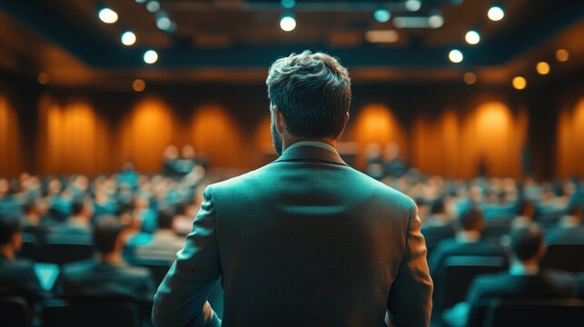 A tech startup founder presents a new product to an audience in a modern conference hall, with bright lighting emphasizing innovation and professional presentation.