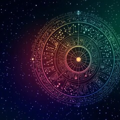 Astrology wheel, star clusters, glowing zodiac signs, celestial colors, spiritual vibe