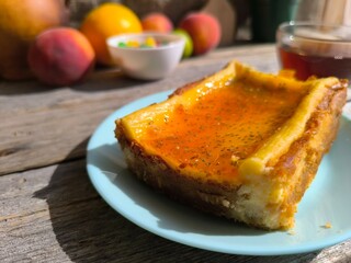 The most delicate sponge cake on a plate. High-quality photos for photography