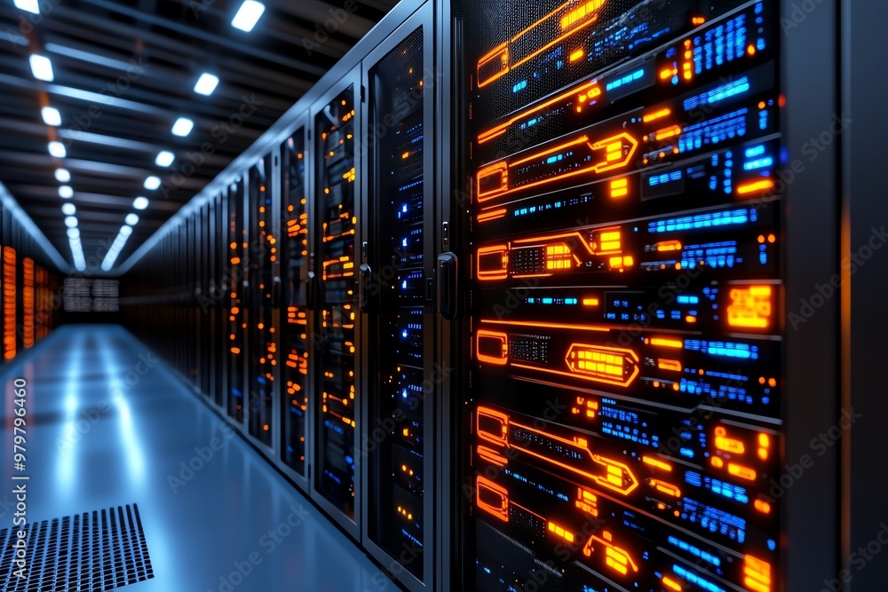 Poster A massive data warehouse in a sleek, modern design, showing servers and secure databases managing terabytes of information