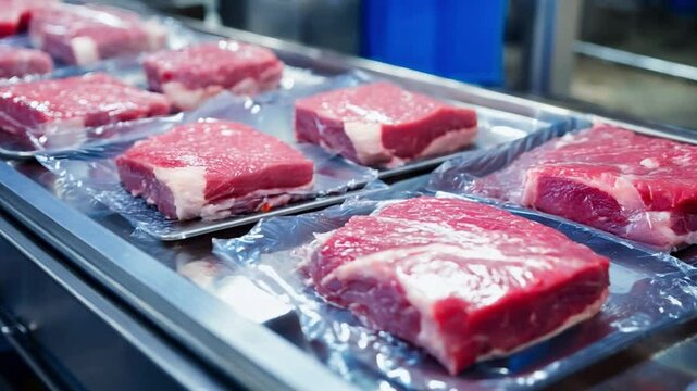 Fresh cuts of red meat are neatly packaged moving on conveyor belt at factory