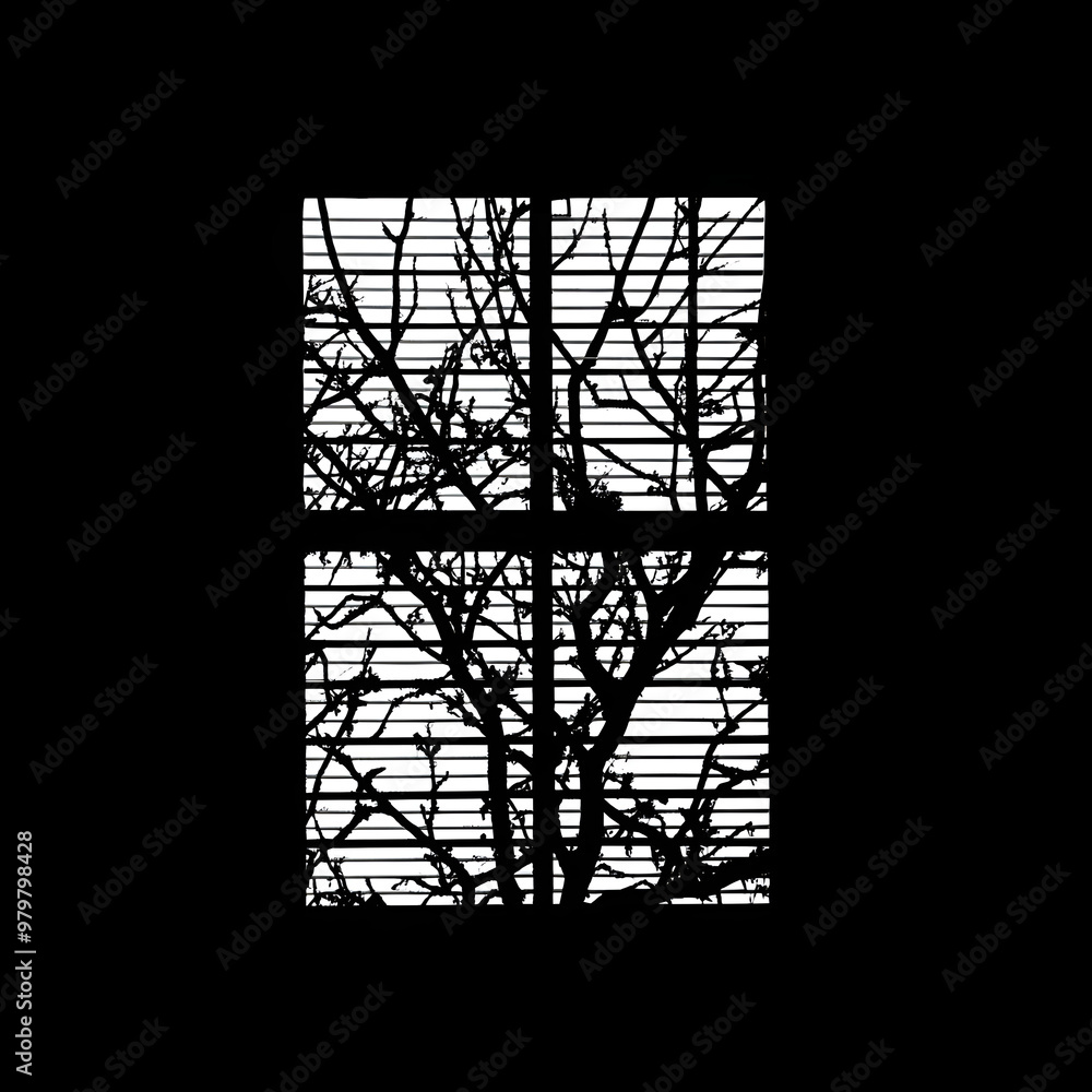 Poster silhouette of window and tree branches on black. gobo mask for light source.