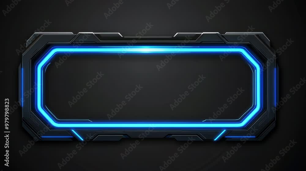 Poster futuristic blue neon frame on dark metallic background, sci-fi user interface element, glowing techn