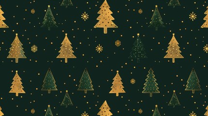 seamless christmas pattern golden fir trees on dark green background, for printing on fabric, wrapping paper and decor