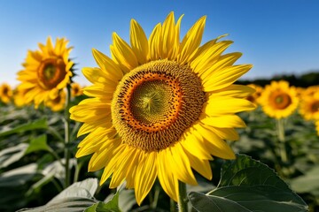 Fototapeta premium Sunflowers facing the sunrise in Provence, France, their golden petals glowing in the early morning light