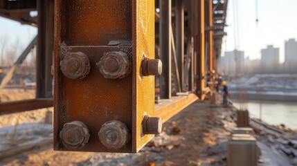 Detailed shot of a bridge under construction, intricate steel framework, engineers inspecting, riverside urban environment, precision and strength