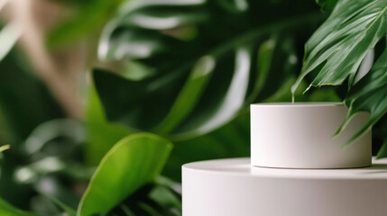 Close-up of a small plant in a white podium, surrounded by large green tropical leaves, creating a serene atmosphere.
