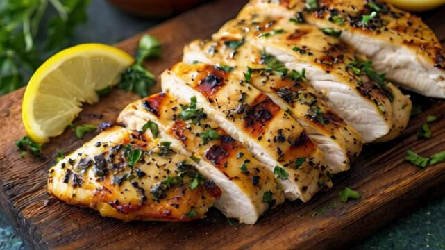 Lemon garlic chicken sliced on a board.