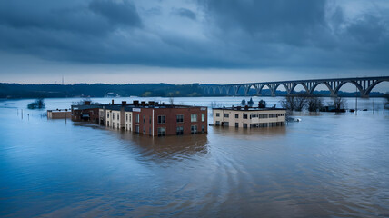 Naklejka premium A residential area affected by flooding, with houses partially submerged in water. The scene shows overcast skies and a high water level, indicating recent heavy rainfall.