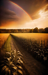 sunset over a wheat field and a rainbow