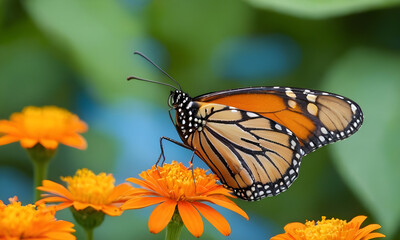 Obraz premium Monarch butterfly perched on vibrant orange flower feeding