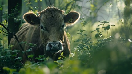 Beautiful cow in a shady woodlands with a hint of direct sunlight
