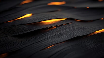 A close-up of textured black layers with glowing orange highlights, creating a dramatic and artistic visual composition.