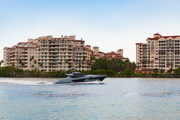 Fisher island with yacht boat. Miami Fisher island and luxury yacht. Miami beach, Florida....