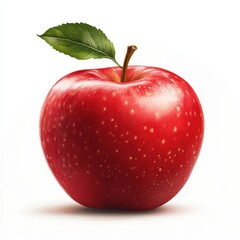 A fresh, vibrant red apple with a green leaf, perfect for representing health, nutrition, and natural food concepts, white background