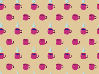Seamless pattern made of empty pink cups (mugs) and filled with beverage cups (mugs) with steam on top. Drink. Beverage. Vector illustration.