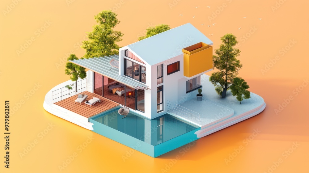 Sticker Modern House with Pool and Patio