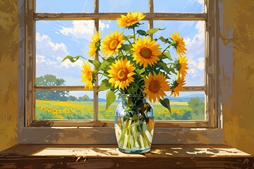 sunflowers in a window