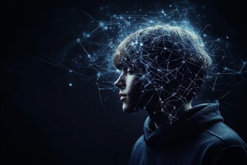 Man with illuminated neural connections symbolizing cognitive expansion intellectual power and futuristic technological enhancement