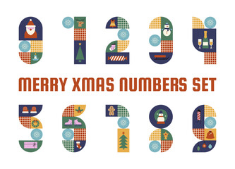 Merry Christmas collection of numbers. A set of creative Christmas logos from 1 to 10. Abstract numbers design with Christmas elements.