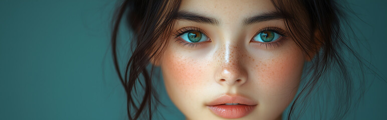 Obraz premium Close-up of a beautiful woman's face in banner format.