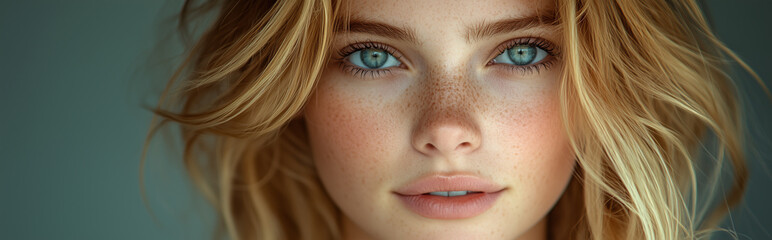 Fototapeta premium Close-up of a beautiful woman's face in banner format.