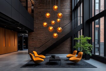 A modern chandelier with floating LED orbs, suspended in a high-ceiling loft with minimalist decor