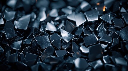 Fototapeta premium Close-up of shiny black shards arranged in a chaotic pattern, perfect for texture, backdrop, or abstract art projects.