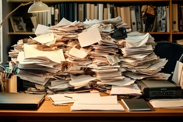 A chaotic office scene featuring a towering pile of disorganized paperwork and cluttered workspace, representing overwhelming tasks.