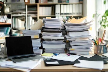 A cluttered workspace filled with piles of documents, papers, and a laptop, illustrating the chaos of modern work environments.