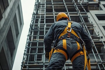 A construction worker in safety gear prepares to ascend a scaffolding structure on a modern building site.
