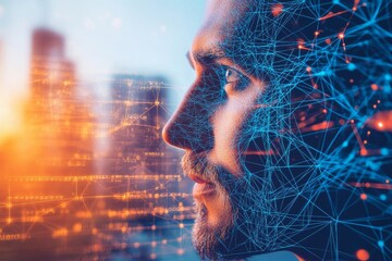 Side profile of man with glowing neural connections symbolizing cognitive expansion intellectual clarity and futuristic energy