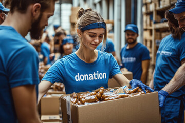 A group of people wearing blue shirts are holding a donation box