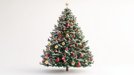 Fototapeta premium Beautifully decorated Christmas tree with ornaments, lights, and a star topper, symbolizing the festive holiday spirit against a white background.