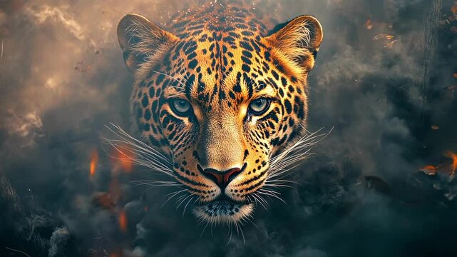 leopard in fire and smoke, animal extinction