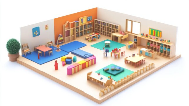 Bright and colorful kindergarten classroom interior with educational toys, books, desks, and chairs. Perfect learning environment for young children.