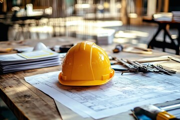 A yellow hard hat rests on architectural plans, symbolizing construction, safety, and design in a workspace.