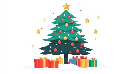 Festive Christmas tree decorated with ornaments and surrounded by colorful wrapped gifts, perfect for holiday celebrations and festive occasions.