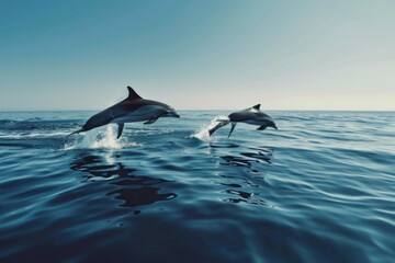 Naklejka premium Two dolphins leap gracefully from the shimmering ocean waves. Their playful ballet captures the essence of freedom. This image embodies serenity and joy. Generative AI