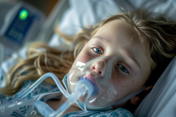 Young girl with oxygen mask in hospital bed.