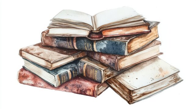 Vintage stack of old, worn books with an open book on top, isolated on white background - perfect for literature and history-themed projects.