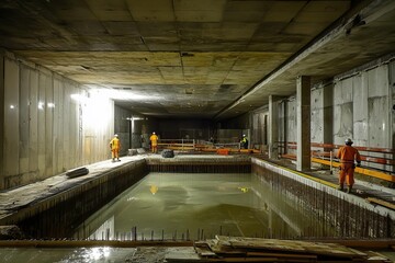 Construction workers at a deep underground site, overseeing the progress of a large excavation project illuminated by artificial light.